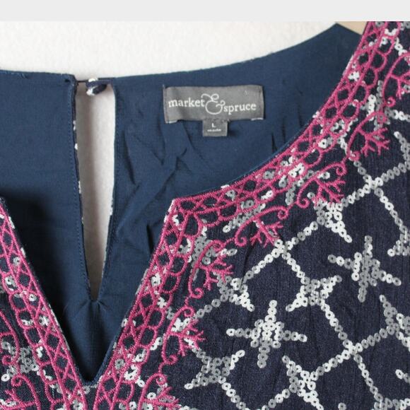 Market & Spruce Kaye Dress Lined Size L Sequin Print Embroidered Collar and Hem - Picture 2 of 7